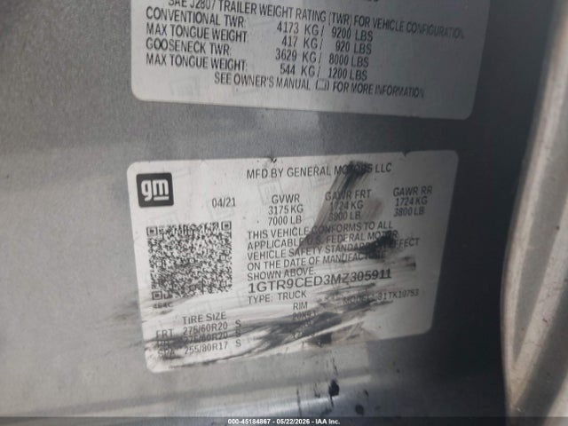 Продажа на аукционе авто 2021 Gmc Sierra 1500 4wd  Standard Box Elevation, vin: 1GTR9CED3MZ305911, номер лота: 45184867