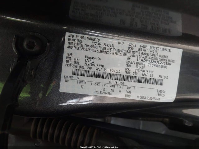 2018 Ford Focus Titanium მანქანა იყიდება აუქციონზე, vin: 1FADP3J29JL273586, აუქციონის ნომერი: 45184875