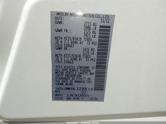 Aukcja sprzedaży 2013 Infiniti Jx35, vin: 5N1AL0MM3DC328814, numer aukcji: 45184877