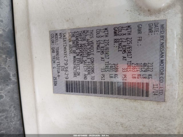 Aukcja sprzedaży 2015 Nissan Rogue Sv, vin: 5N1AT2MVXFC793629, numer aukcji: 45184888