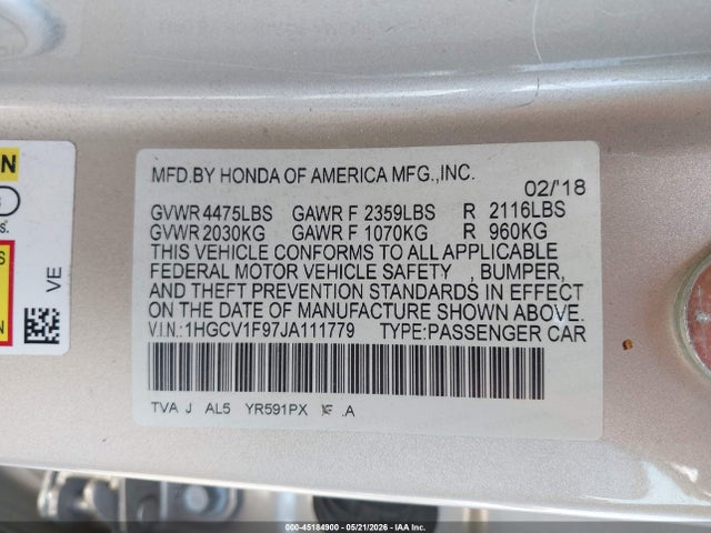 Aukcja sprzedaży 2018 Honda Accord Touring, vin: 1HGCV1F97JA111779, numer aukcji: 45184900