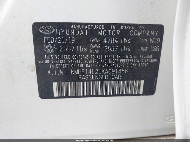 Продаж на аукціоні авто 2019 Hyundai Sonata Plug-in Hybrid, vin: KMHE14L21KA091456, номер лоту: 45184901