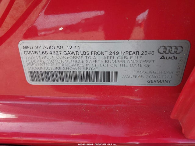Aukcja sprzedaży 2012 Audi A4 2.0t Premium, vin: WAUFFAFL2CN017323, numer aukcji: 45184904