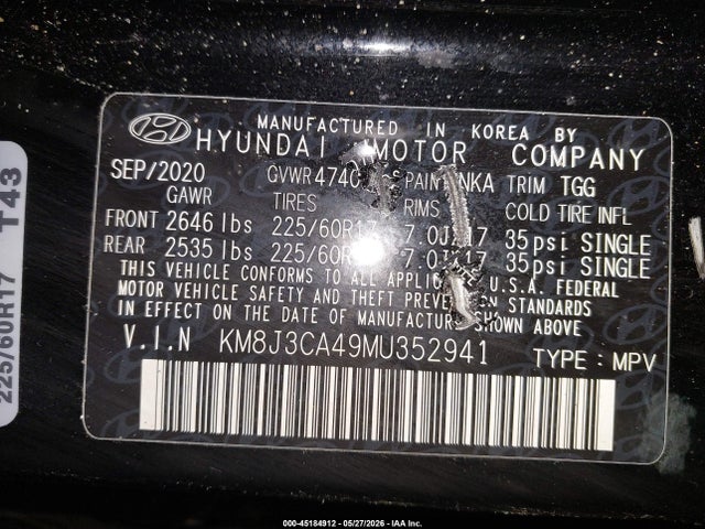 Продажа на аукционе авто 2021 Hyundai Tucson Value, vin: KM8J3CA49MU352941, номер лота: 45184912