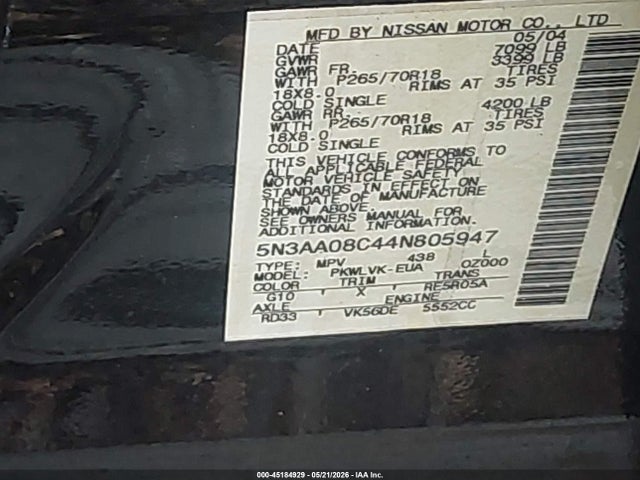 Продажа на аукционе авто 2004 Infiniti Qx56, vin: 5N3AA08C44N805947, номер лота: 45184929
