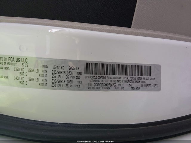 Aukcja sprzedaży 2019 Chrysler Pacifica Touring Plus, vin: 2C4RC1FGXKR714767, numer aukcji: 45184940