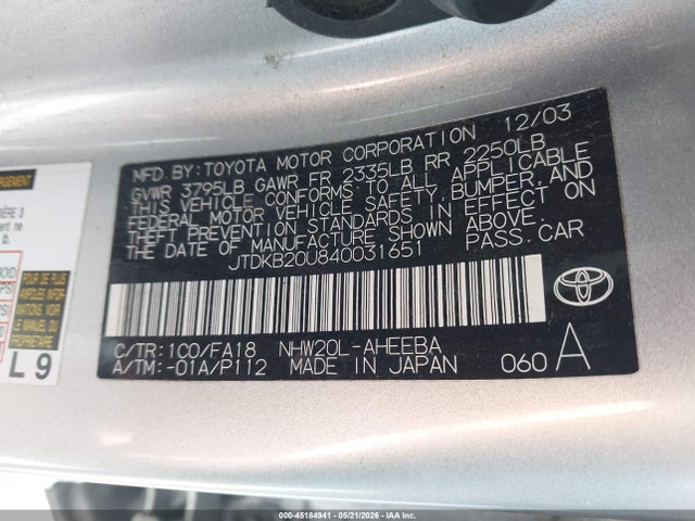 Aukcja sprzedaży 2004 Toyota Prius, vin: JTDKB20U840031651, numer aukcji: 45184941