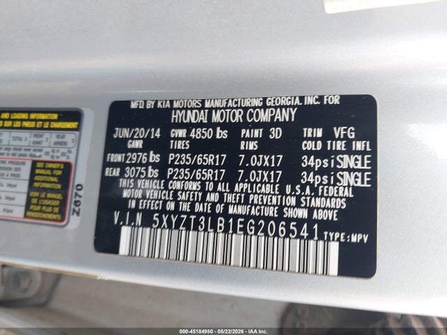 45184950 :رقم المزاد ، 5XYZT3LB1EG206541 vin ، 2014 Hyundai Santa Fe Sport 2.4l مزاد بيع