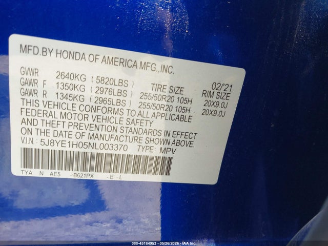 Aukcja sprzedaży 2022 Acura Mdx A-spec Package, vin: 5J8YE1H05NL003370, numer aukcji: 45184953