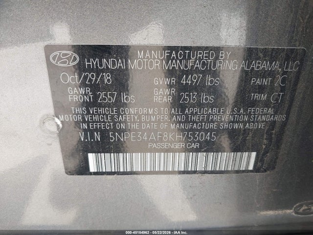 5NPE34AF8KH753045 Hyundai SONATA SEL