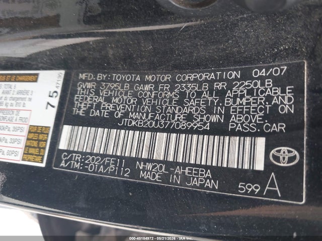 45184972 :رقم المزاد ، JTDKB20U377089954 vin ، 2007 Toyota Prius مزاد بيع