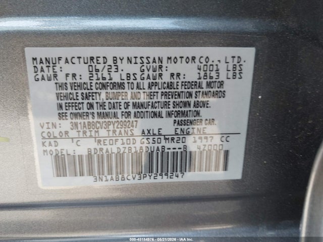 2023 Nissan Sentra Sv Xtronic Cvt მანქანა იყიდება აუქციონზე, vin: 3N1AB8CV3PY299247, აუქციონის ნომერი: 45184976