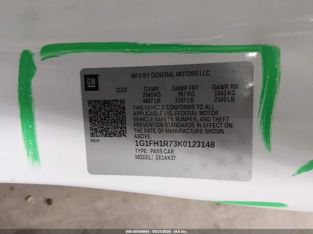 45184984 :رقم المزاد ، 1G1FH1R73K0123148 vin ، 2019 Chevrolet Camaro 2ss مزاد بيع