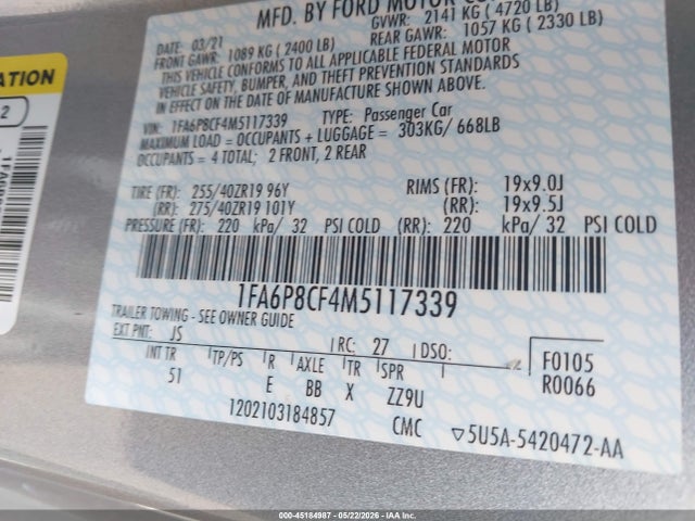 Продажа на аукционе авто 2021 Ford Mustang Gt Premium Fastback, vin: 1FA6P8CF4M5117339, номер лота: 45184987