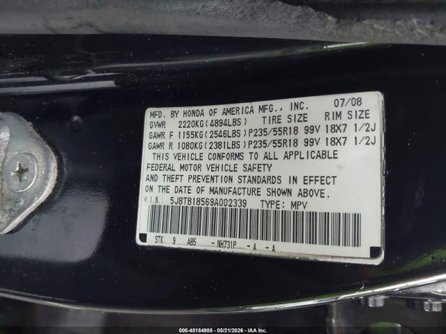 45184988 :رقم المزاد ، 5J8TB18569A002339 vin ، 2009 Acura Rdx مزاد بيع