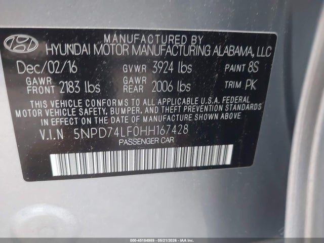 45184989 :رقم المزاد ، 5NPD74LF0HH167428 vin ، 2017 Hyundai Elantra Se مزاد بيع