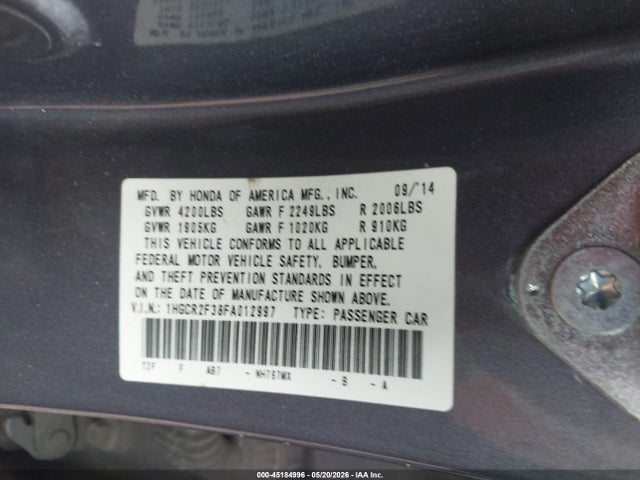 Продажа на аукционе авто 2015 Honda Accord Lx, vin: 1HGCR2F38FA012997, номер лота: 45184996