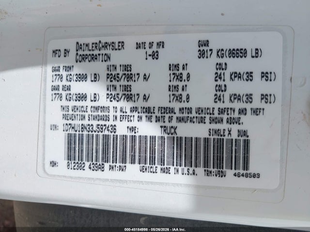 45184998 :رقم المزاد ، 1D7HA18NX5S196312 vin ، 2005 Dodge Ram 1500 Slt/laramie مزاد بيع