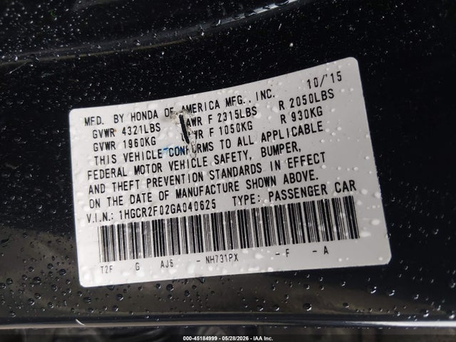 2016 Honda Accord Ex მანქანა იყიდება აუქციონზე, vin: 1HGCR2F02GA040625, აუქციონის ნომერი: 45184999