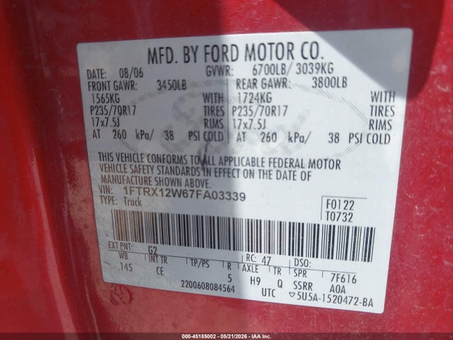 45185002 :رقم المزاد ، 1FTRX12W67FA03339 vin ، 2007 Ford F-150 Stx/xl/xlt مزاد بيع