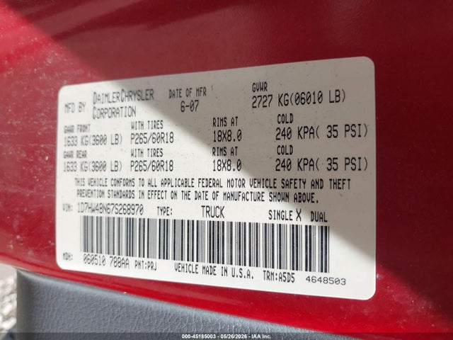 45185003 :رقم المزاد ، 1D7HW48N67S268970 vin ، 2007 Dodge Dakota Slt مزاد بيع