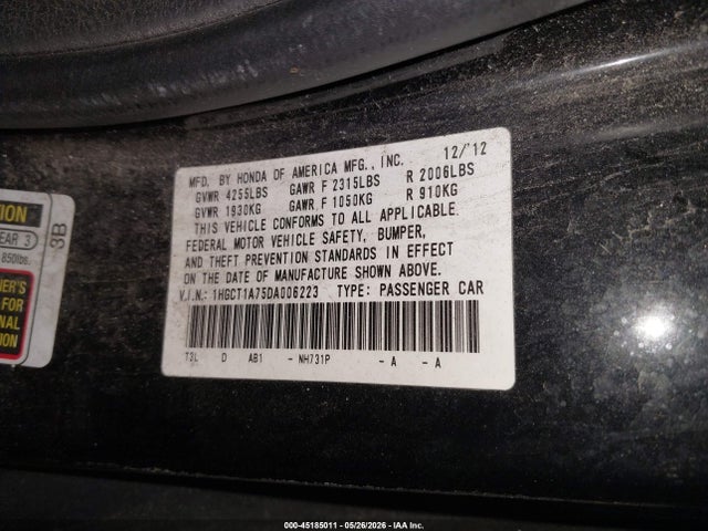 45185011 :رقم المزاد ، 1HGCT1A75DA006223 vin ، 2013 Honda Accord Ex مزاد بيع