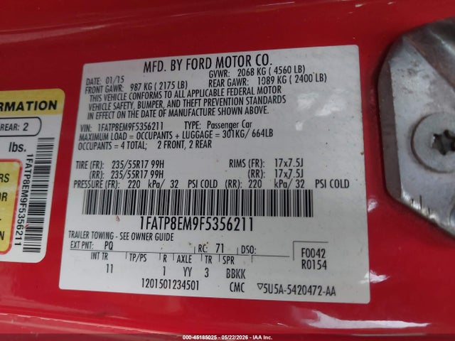 Aukcja sprzedaży 2015 Ford Mustang V6, vin: 1FATP8EM9F5356211, numer aukcji: 45185025