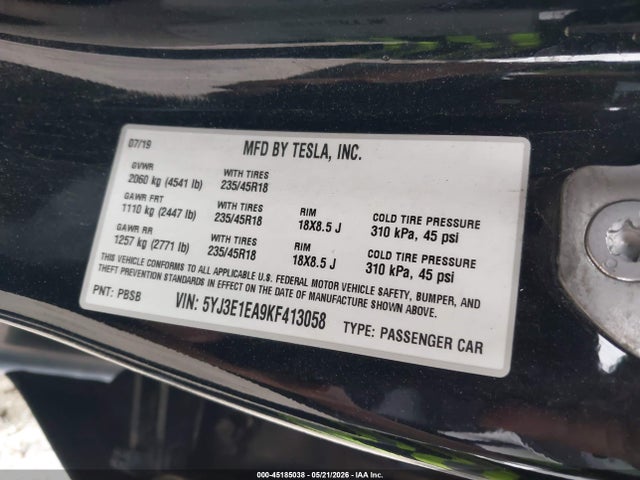 Продаж на аукціоні авто 2019 Tesla Model 3 Long Range/mid Range/standard Range/standard Range Plus, vin: 5YJ3E1EA9KF413058, номер лоту: 45185038