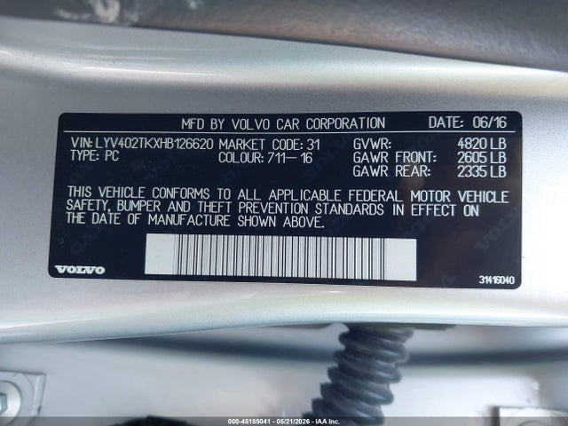 45185041 :رقم المزاد ، LYV402TKXHB126620 vin ، 2017 Volvo S60 Inscription T5 مزاد بيع