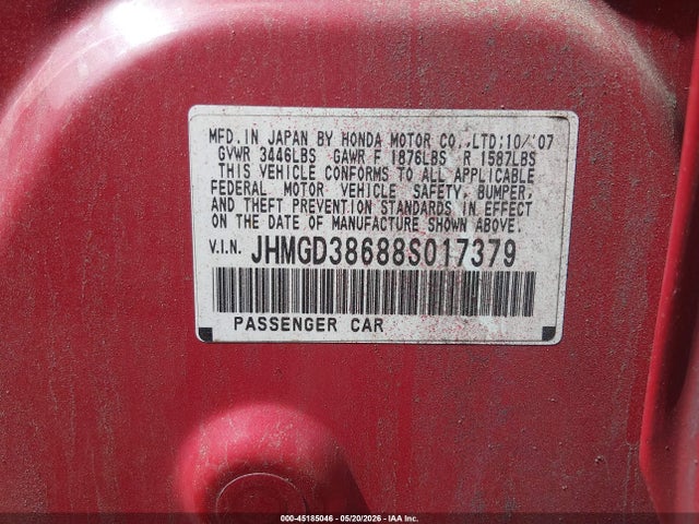Auction sale of the 2008 Honda Fit Sport, vin: JHMGD38688S017379, lot number: 45185046