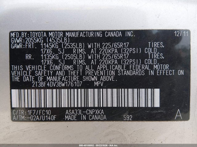 Продаж на аукціоні авто 2011 Toyota Rav4, vin: 2T3BF4DV3BW176107, номер лоту: 45185052