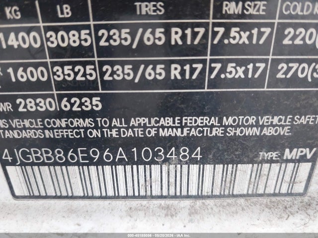 45185056 :رقم المزاد ، 4JGBB86E96A103484 vin ، 2006 Mercedes-benz Ml 350 4matic مزاد بيع
