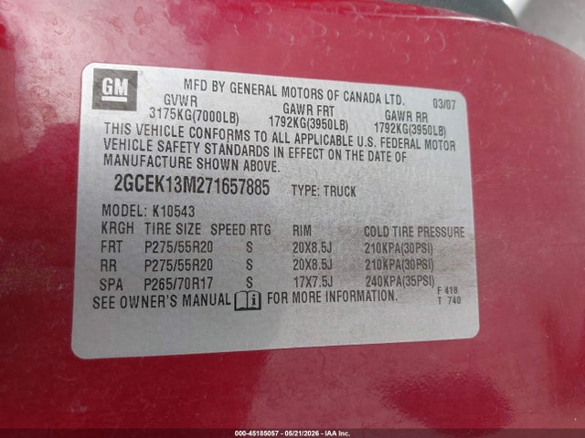 Aukcja sprzedaży 2007 Chevrolet Silverado 1500 Ltz, vin: 2GCEK13M271657885, numer aukcji: 45185057