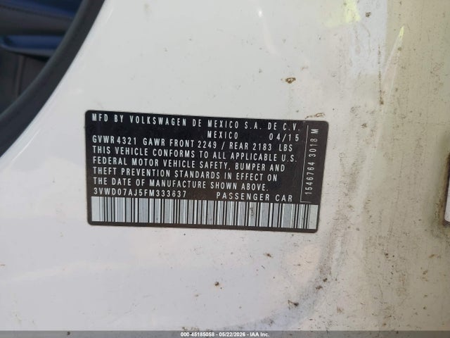 2015 Volkswagen Jetta 1.8t Se მანქანა იყიდება აუქციონზე, vin: 3VWD07AJ5FM333637, აუქციონის ნომერი: 45185058