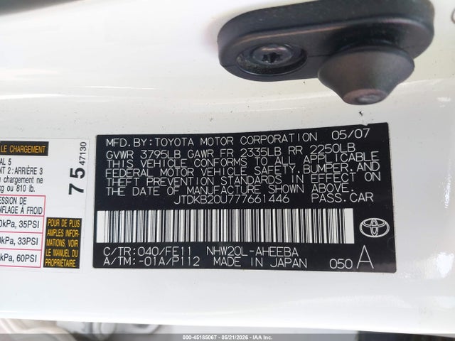 Aukcja sprzedaży 2007 Toyota Prius, vin: JTDKB20U777661446, numer aukcji: 45185067