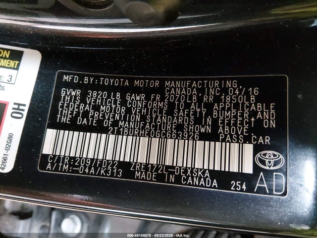 2016 Toyota Corolla S Plus მანქანა იყიდება აუქციონზე, vin: 2T1BURHE0GC663926, აუქციონის ნომერი: 45185070
