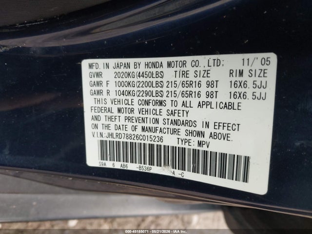 2006 Honda Cr-v Ex მანქანა იყიდება აუქციონზე, vin: JHLRD78826C015236, აუქციონის ნომერი: 45185071