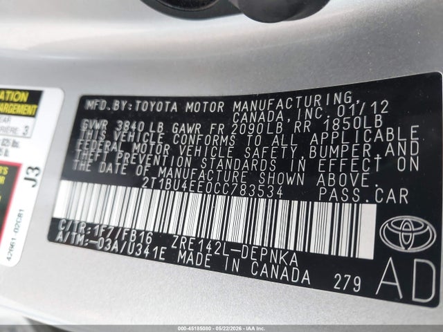 Aukcja sprzedaży 2012 Toyota Corolla Le, vin: 2T1BU4EE0CC783534, numer aukcji: 45185080