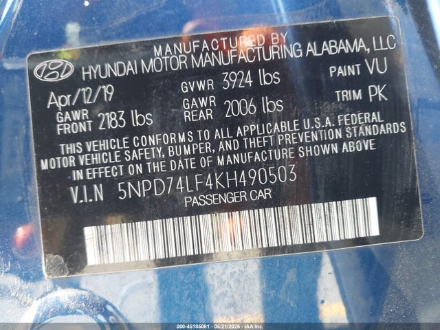 Продаж на аукціоні авто 2019 Hyundai Elantra Se, vin: 5NPD74LF4KH490503, номер лоту: 45185081