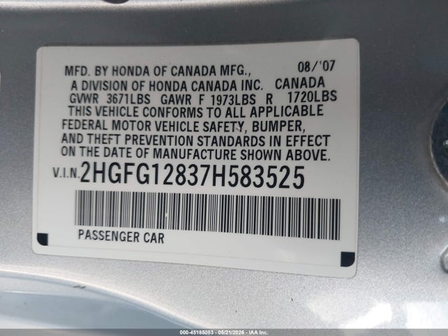 Aukcja sprzedaży 2007 Honda Civic Ex, vin: 2HGFG12837H583525, numer aukcji: 45185083