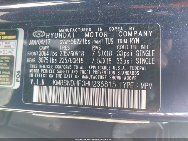 KM8SNDHF3HU236815 Hyundai Santa Fe Se