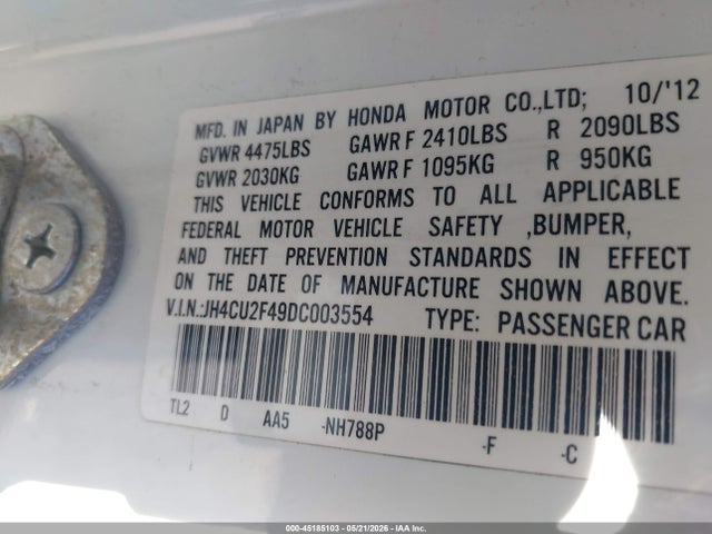 45185103 :رقم المزاد ، JH4CU2F49DC003554 vin ، 2013 Acura Tsx 2.4 مزاد بيع