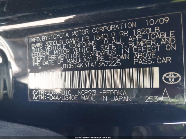 Продаж на аукціоні авто 2010 Toyota Yaris, vin: JTDBT4K31A1367225, номер лоту: 45185105
