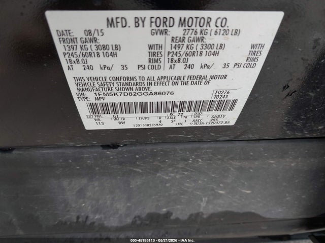 Aukcja sprzedaży 2016 Ford Explorer Xlt, vin: 1FM5K7D82GGA86076, numer aukcji: 45185110