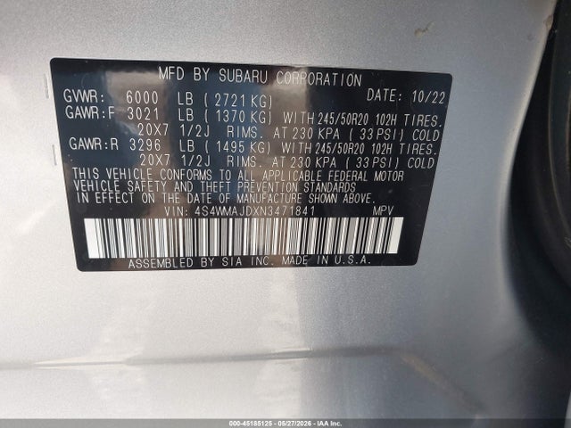 Aukcja sprzedaży 2022 Subaru Ascent Onyx Edition, vin: 4S4WMAJDXN3471841, numer aukcji: 45185125
