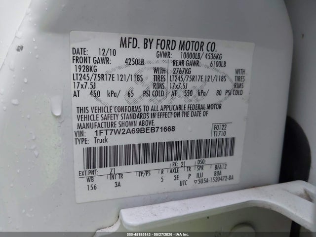 45185143 :رقم المزاد ، 1FT7W2A69BEB71668 vin ، 2011 Ford F-250 Xlt مزاد بيع