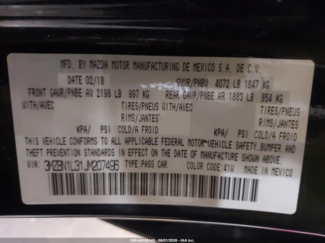 Продажа на аукционе авто 2018 Mazda Mazda3 Touring, vin: 3MZBN1L31JM207496, номер лота: 45185149