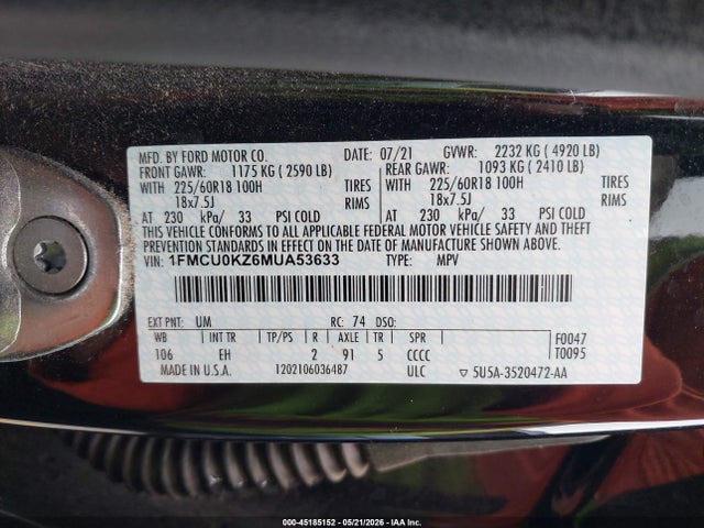 1FMCU0KZ6MUA53633 Ford Escape Sel Plug-in Hybrid