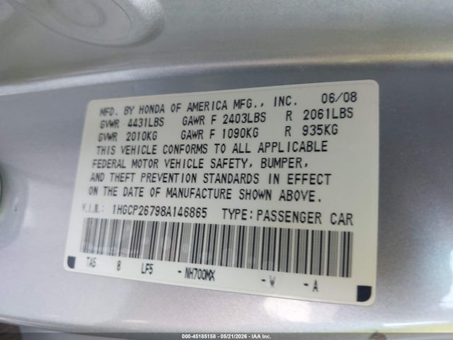 45185158 :رقم المزاد ، 1HGCP26798A146865 vin ، 2008 Honda Accord 2.4 Ex مزاد بيع