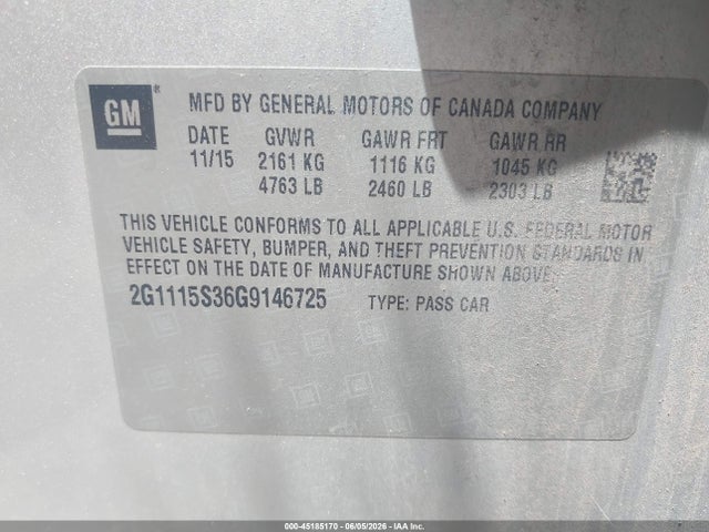 Продаж на аукціоні авто 2016 Chevrolet Impala 2lt, vin: 2G1115S36G9146725, номер лоту: 45185170
